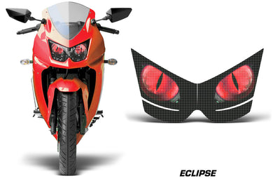 Red eclipse headlight graphics with checkered pattern and glowing red eye shapes