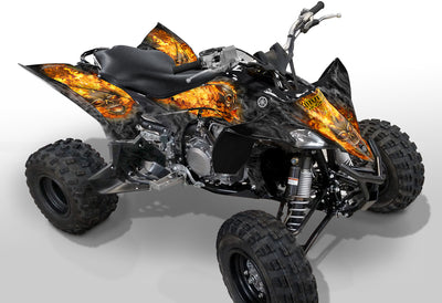 Yamaha YFZ 450R graphics kit on all-terrain quad, orange and black flame design