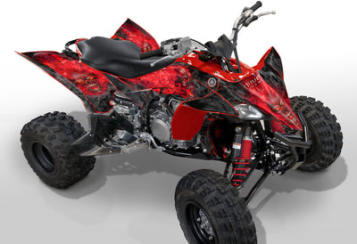 Yamaha YFZ 450R graphics kit on all-terrain quad, red and black aggressive flame design