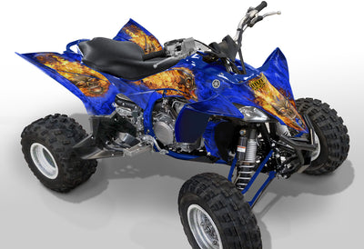 Yamaha YFZ 450R graphics kit on all-terrain quad, blue and orange flame design