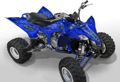 Yamaha YFZ 450R graphics kit on all-terrain quad, blue and black vivid flame design