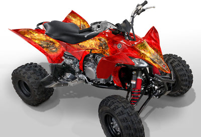 Yamaha YFZ 450R graphics kit on all-terrain quad, red and orange flame with black accents