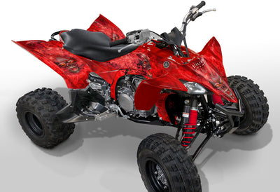 Yamaha YFZ 450R graphics kit on all-terrain quad, red and orange flame design