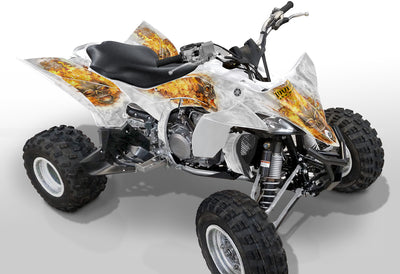Yamaha YFZ 450R graphics kit on all-terrain quad, white with orange flame accents