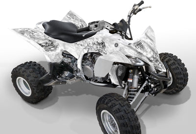 Yamaha YFZ 450R graphics kit on all-terrain quad, white and gray metallic flame design