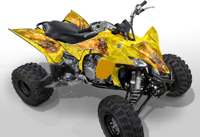 Yamaha YFZ 450R graphics kit on all-terrain quad, bright yellow flame graphics