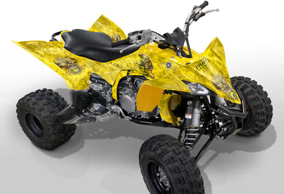 Yamaha YFZ 450R graphics kit on all-terrain quad, yellow and gold flame design