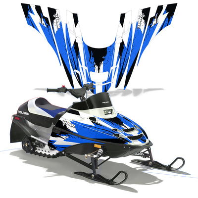Snowmobile graphics kit with blue and white lightning-style stripes on black panels