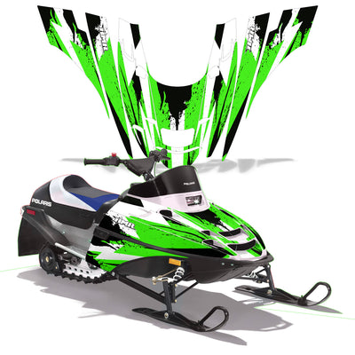 Snowmobile graphics kit with neon green and white lightning-style stripes on black panels