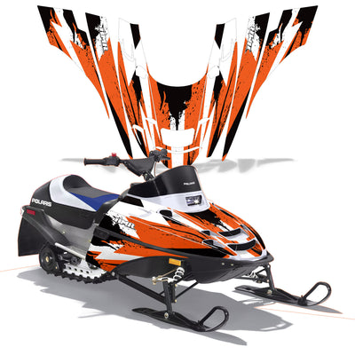 Snowmobile graphics for front panels: white base with orange flame bursts and black accents