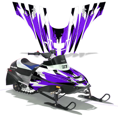 Snowmobile graphics for front panels: white base with deep purple flame bursts and black accents