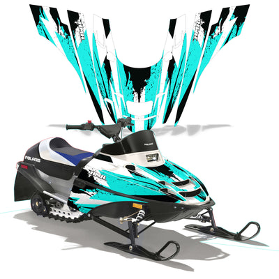 Snowmobile graphics for front panels: white base with teal flame bursts and black accents