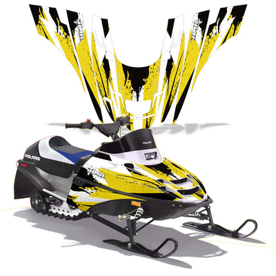 Snowmobile graphics for front panels: white base with yellow flame bursts and black accents