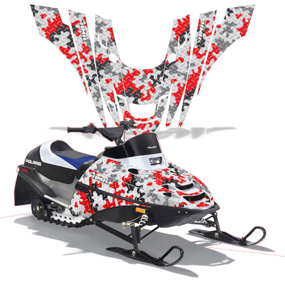Snowmobile graphics for front panels: white base with red camo pattern and black accents