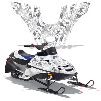 Snowmobile graphics kit with white and gray camo panels and side stripe set