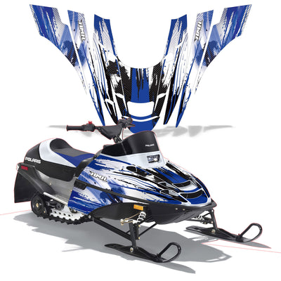 Snowmobile graphics kit with blue and white camo panels and bold side stripe