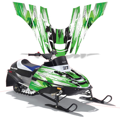 Snowmobile graphics kit with green and white camo panels and black accent stripes