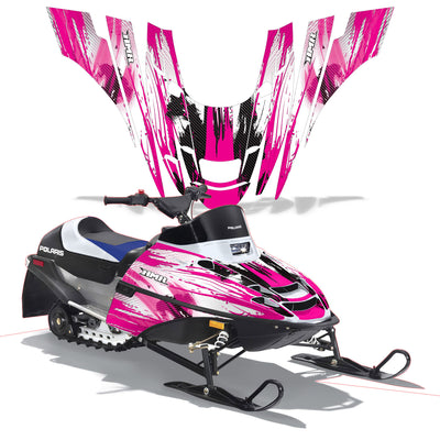 Snowmobile graphics kit with pink and white camo panels and black center stripe
