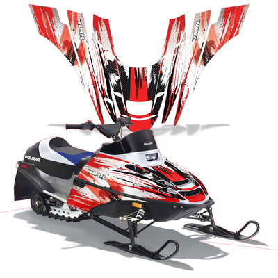 Snowmobile graphics kit with red and white camo panels and black accent graphics
