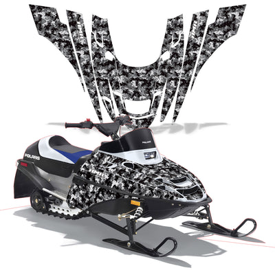 Snowmobile graphics kit with black and white speckle camo panels and stripe details