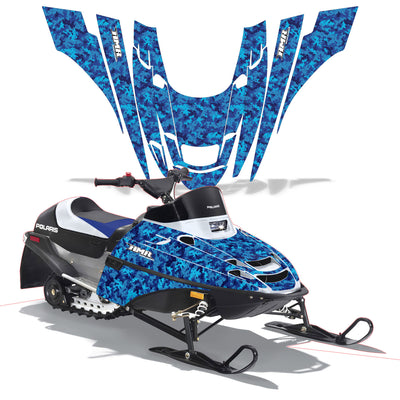 Snowmobile graphics kit with blue camo panels, white stripes, and black details