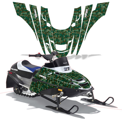 Snowmobile graphics kit with green camo panels, white stripes, and black details