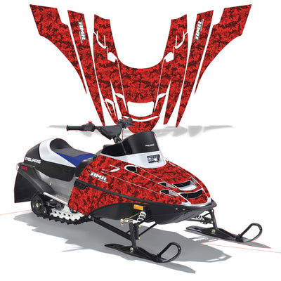 Snowmobile graphics kit with red camo panels, white stripes, and black details