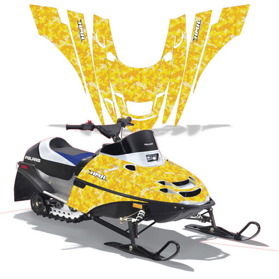 Snowmobile graphics kit with yellow camo panels, white accents, and black details