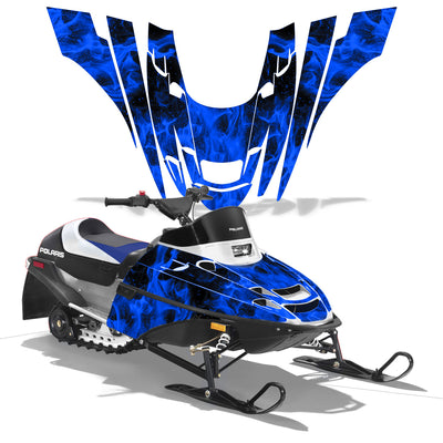 Polaris XC 120 snowmobile graphics kit with blue flame decals on black panels