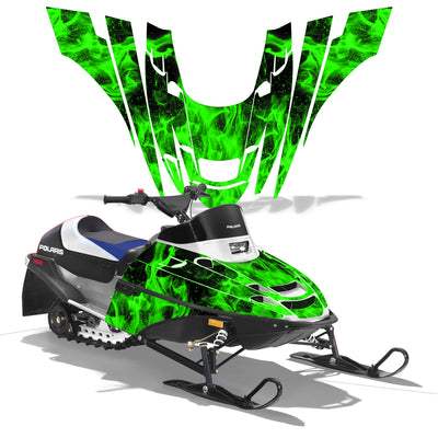 Polaris XC 120 snowmobile graphics kit with neon green flame decals on black panels
