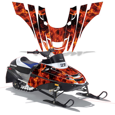 Polaris XC 120 snowmobile graphics kit with orange flame decals on black panels