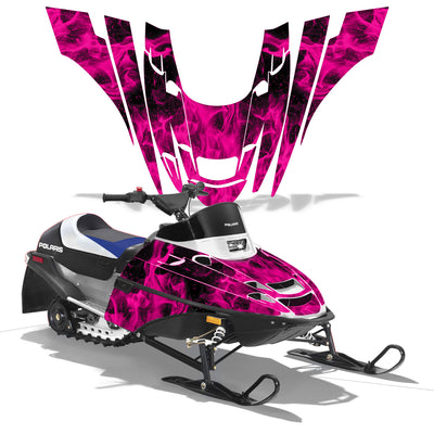 Polaris XC 120 snowmobile graphics kit with magenta purple flame decals on black panels