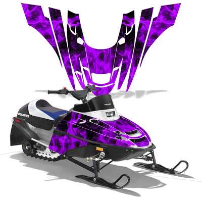 Polaris XC 120 snowmobile graphics kit with purple flame decals on black panels