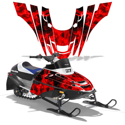 Polaris XC 120 snowmobile graphics kit with red flame decals on black panels