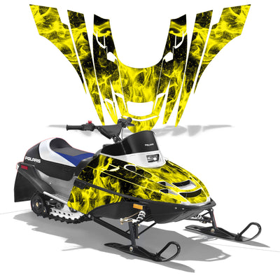 Polaris XC 120 snowmobile graphics kit with yellow flame decals on black panels