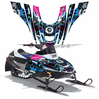 Polaris XC 120 snowmobile graphics kit with multi-color skull artwork on black panels