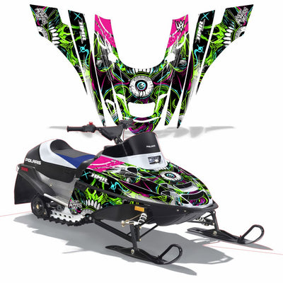 Polaris XC 120 snowmobile graphics kit with green and magenta skull artwork on black panels