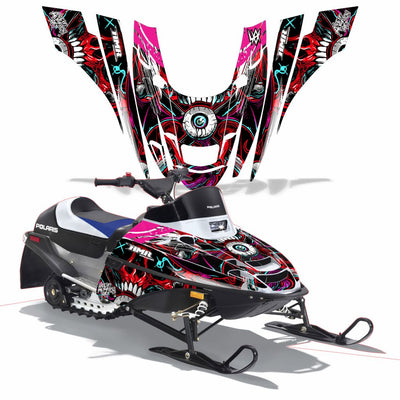 Polaris XC 120 snowmobile graphics kit with red skull artwork and pink accents on black panels