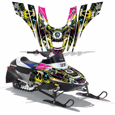 Snowmobile graphics kit with colorful skull and wing design on black panels