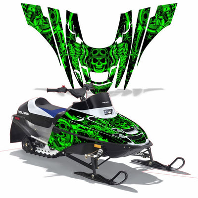 Snowmobile graphics kit with green skull and winged graffiti on black panels