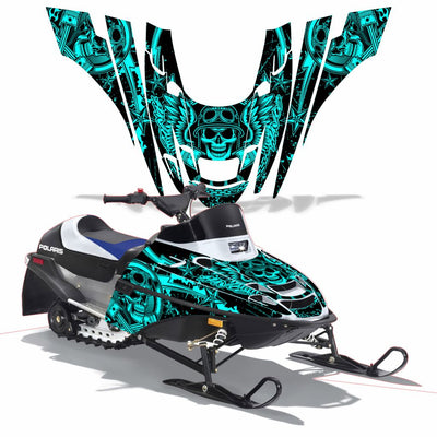 Snowmobile graphics kit with teal skull and graffiti-style lines on black panels