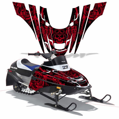 Snowmobile graphics kit with red skull and graffiti-style lightning on black panels