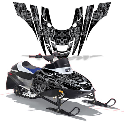 Snowmobile graphics kit with black-and-white skull and wing design on black panels