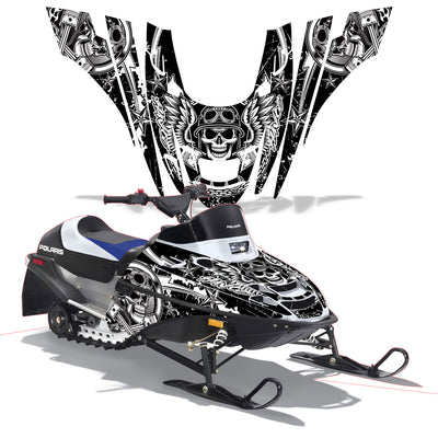 Snowmobile graphics kit with black-and-white skull design on front panels and side panels