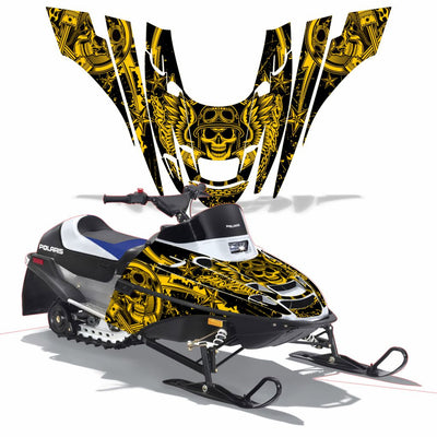 Snowmobile graphics kit with gold skull graphics on hood and front side panels