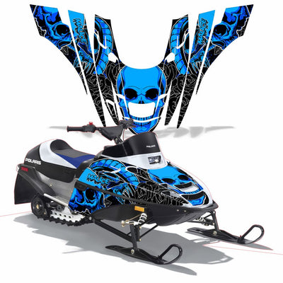 Snowmobile graphics kit with blue skull artwork on hood and front side panels