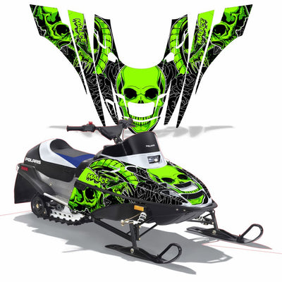 Snowmobile graphics kit with neon green skull graphics on hood and front side panels