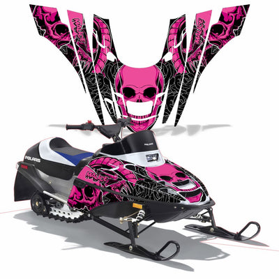 Snowmobile graphics kit with pink skull graphics on hood and front side panels