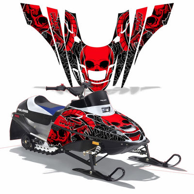 Snowmobile graphics kit with red skull graphics on hood and front side panels