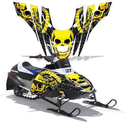 Snowmobile graphics kit with yellow skull graphics on hood and front side panels